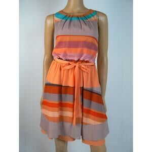 Jessica Simpson Orange Teal Brown Striped Pleated Satin Dress 8 NEW